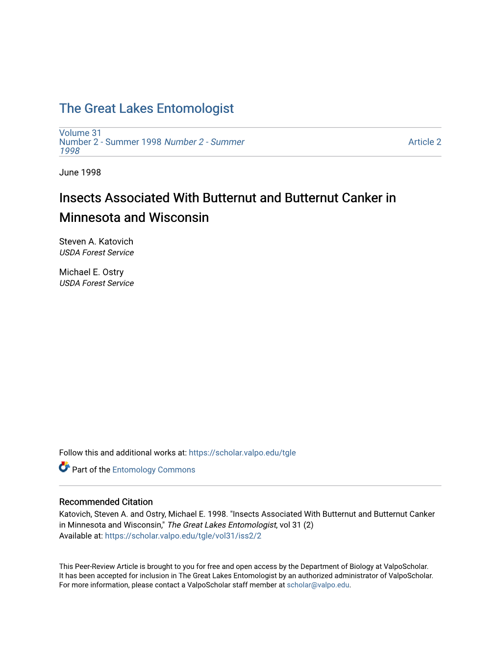 Insects Associated with Butternut and Butternut Canker in Minnesota and Wisconsin