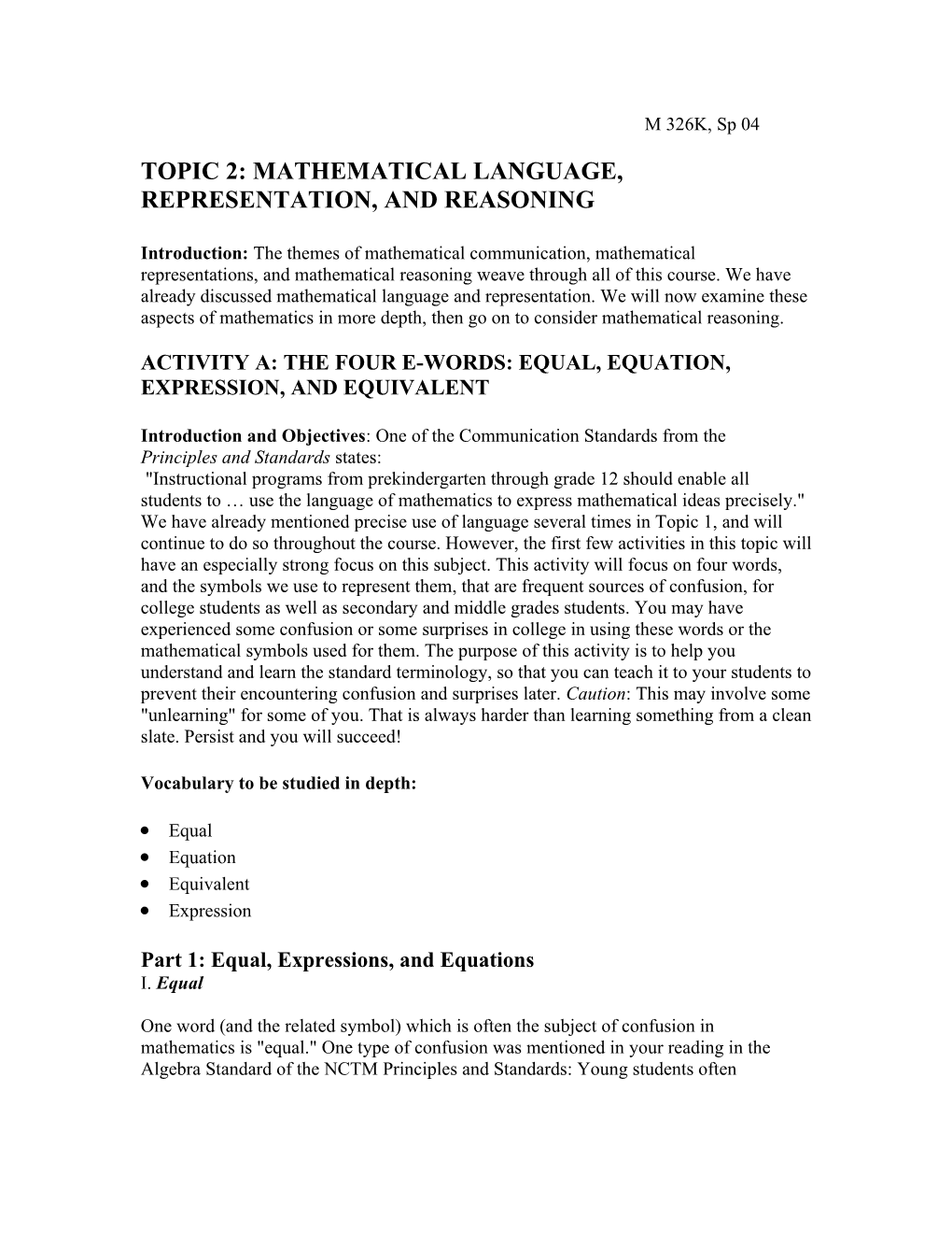 Topic 2: Mathematical Language, Representation, and Reasoning