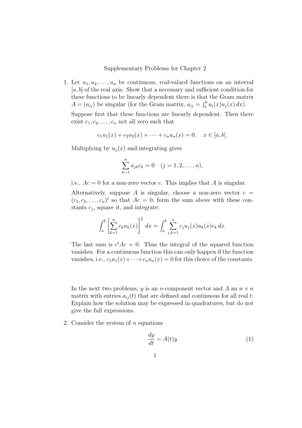 Supplementary Problems for Chapter 2 1. Let U1,U2,...,Un Be Continuous