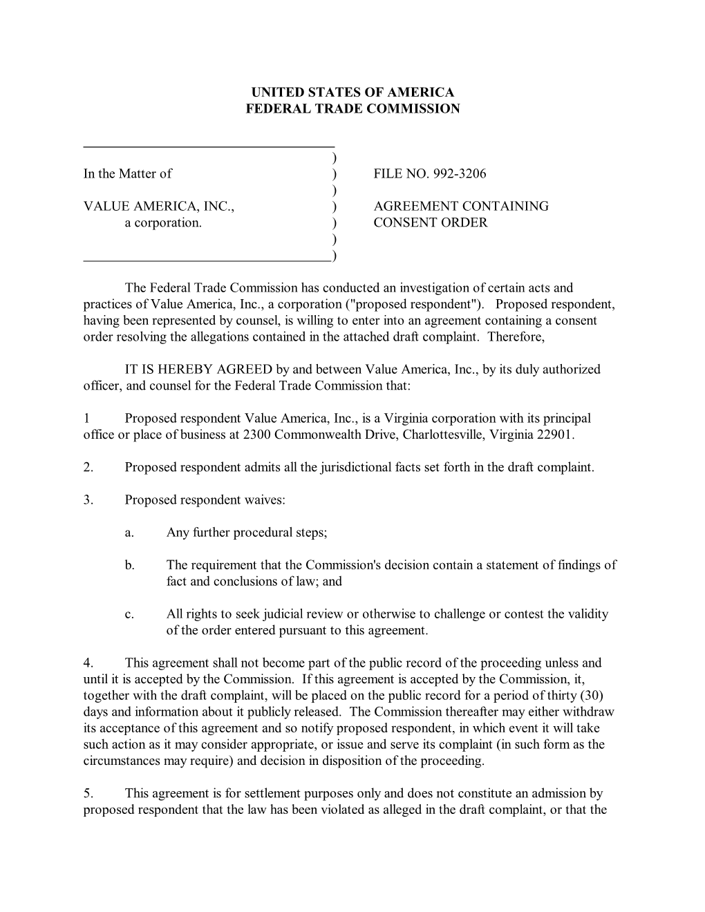 VALUE AMERICA, INC., ) AGREEMENT CONTAINING a Corporation