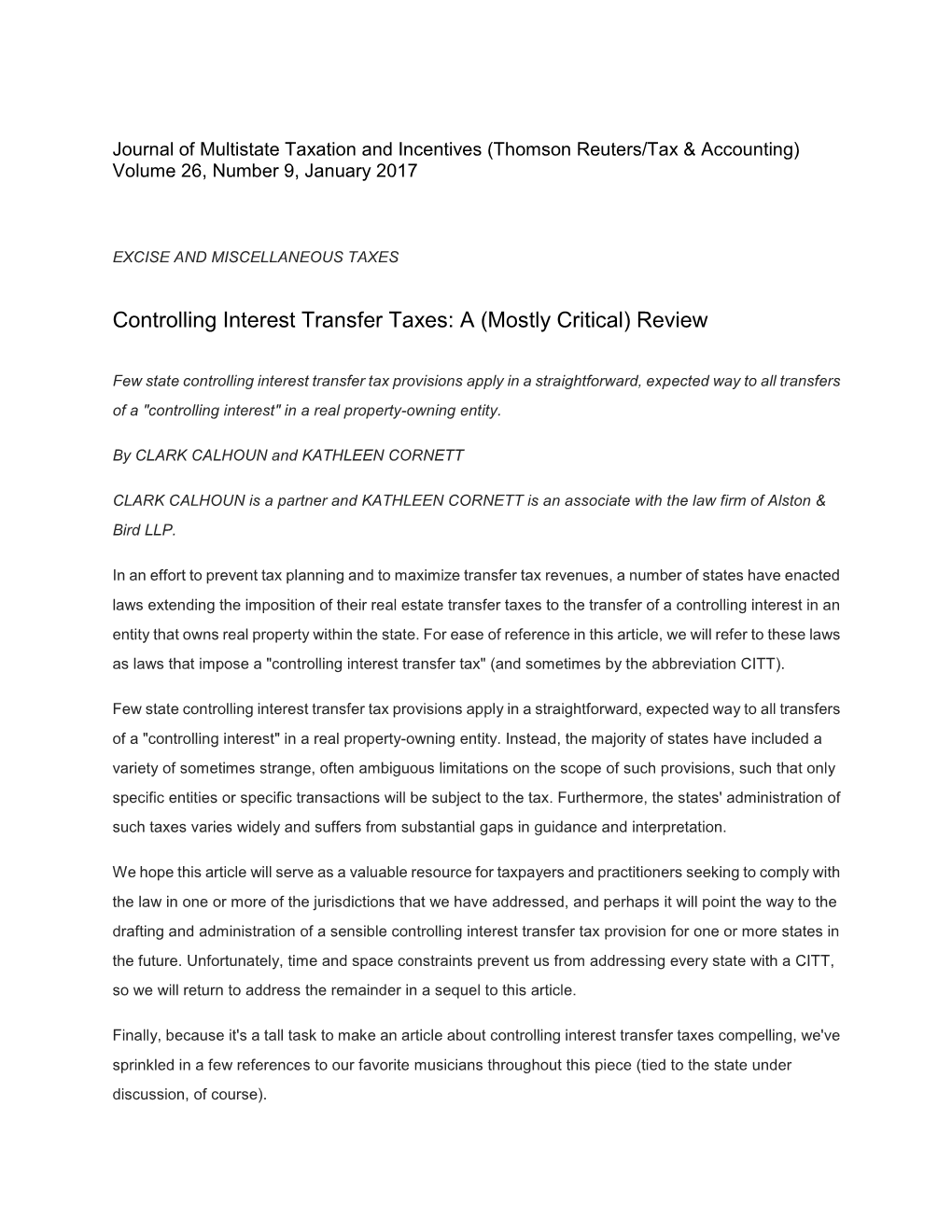 Controlling Interest Transfer Taxes: a (Mostly Critical) Review