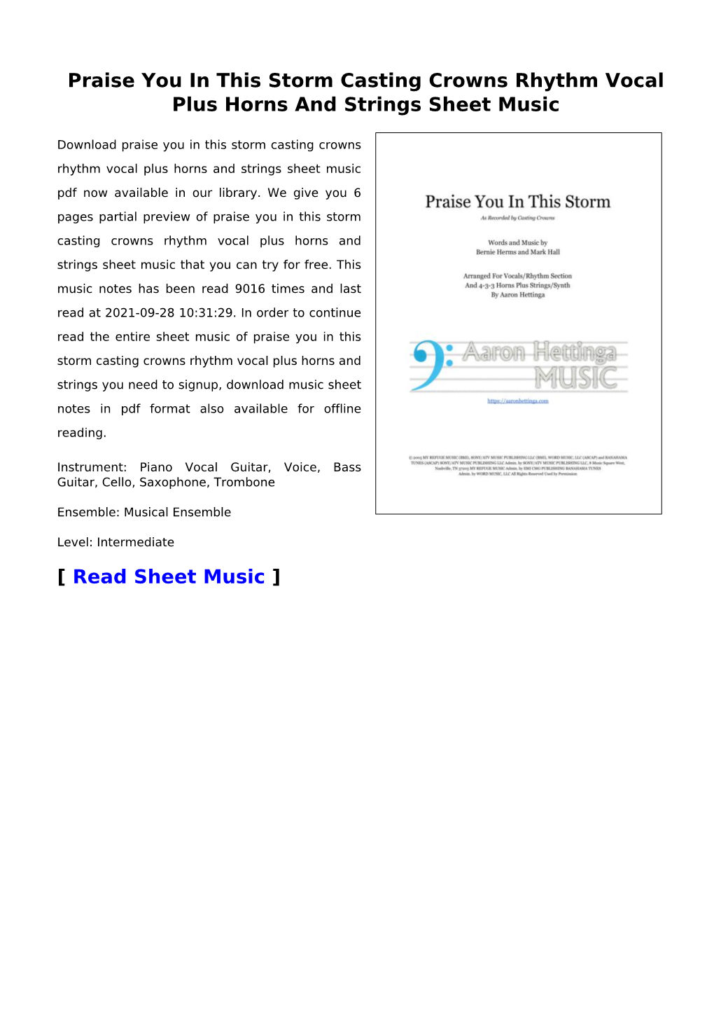 Praise You in This Storm Casting Crowns Rhythm Vocal Plus Horns and Strings Sheet Music