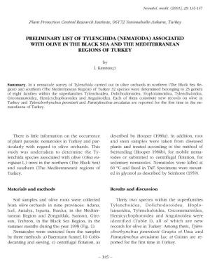 Preliminary List of Tylenchida (Nematoda) Associated with Olive in the Black Sea and the Mediterranean Regions of Turkey