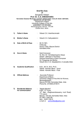 Brief Bio Data of Sangeeta Vidwan Prof