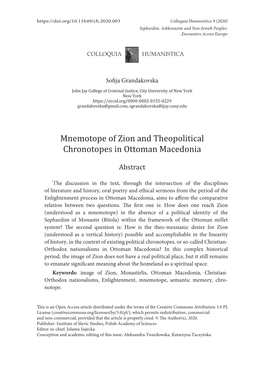 Mnemotope of Zion and Theopolitical Chronotopes in Ottoman Macedonia