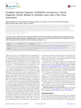 Complete Genome Sequence of Ehrlichia Mineirensis, a Novel Organism Closely Related to Ehrlichia Canis with a New Host Association