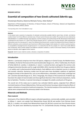 Essential Oil Composition of Two Greek Cultivated Sideritis Spp