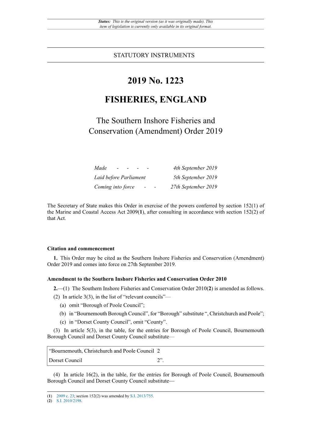 The Southern Inshore Fisheries and Conservation (Amendment) Order 2019