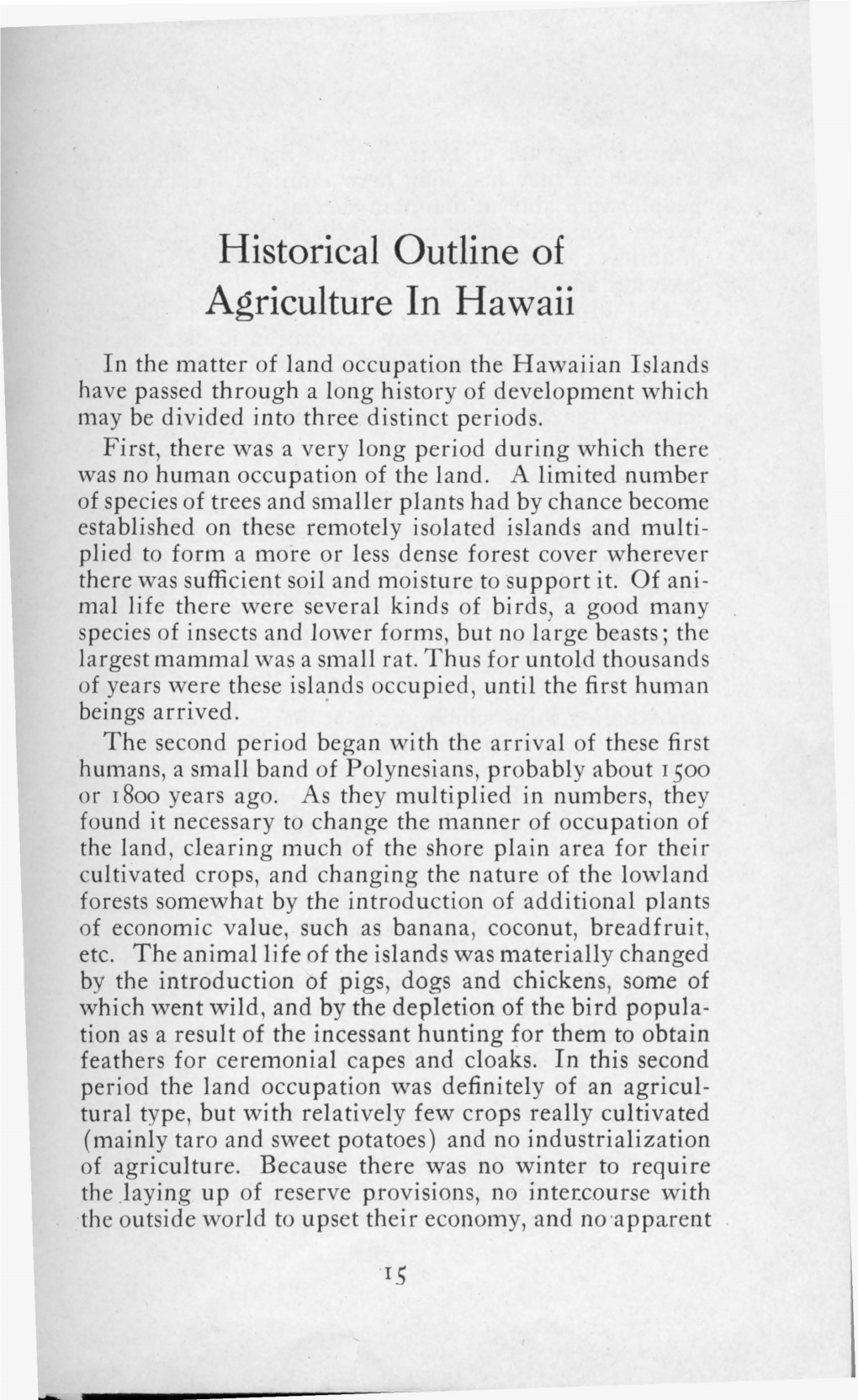 Historical Outline of Agriculture in Hawaii