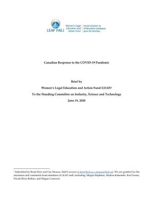 Canadian Response to the COVID-19 Pandemic Brief by Women's Legal Education and Action Fund (LEAF)1 to the Standing Committee