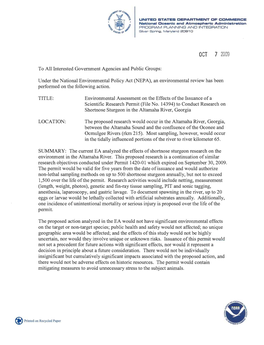 Environmental Assessment on the Effects of the Issuance of a Scientific Research Permit (File No