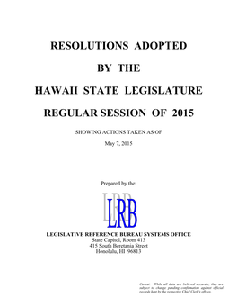 Resolutions Adopted by the Hawaii State Legislature Regular Session Of