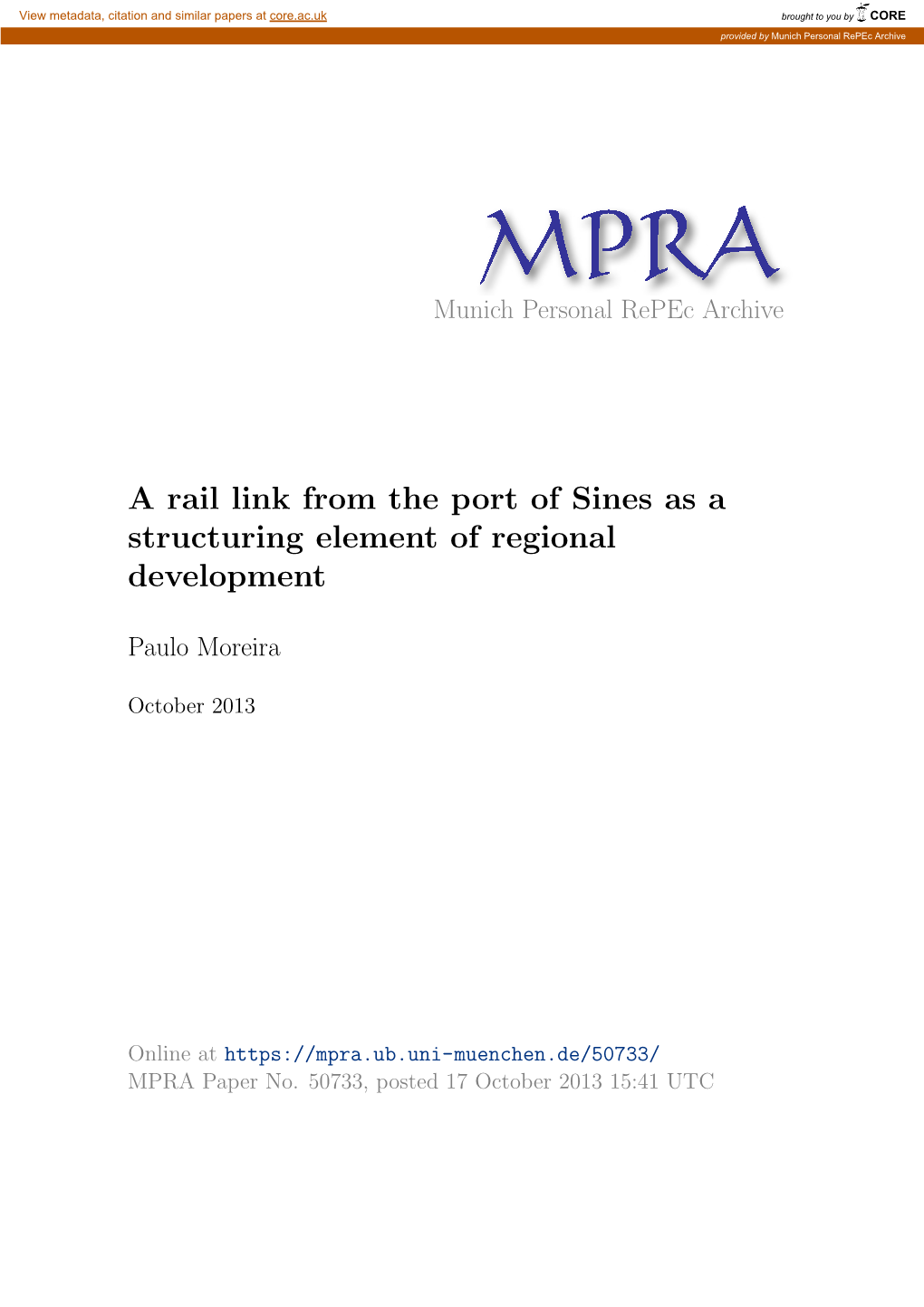 A Rail Link from the Port of Sines As a Structuring Element of Regional Development