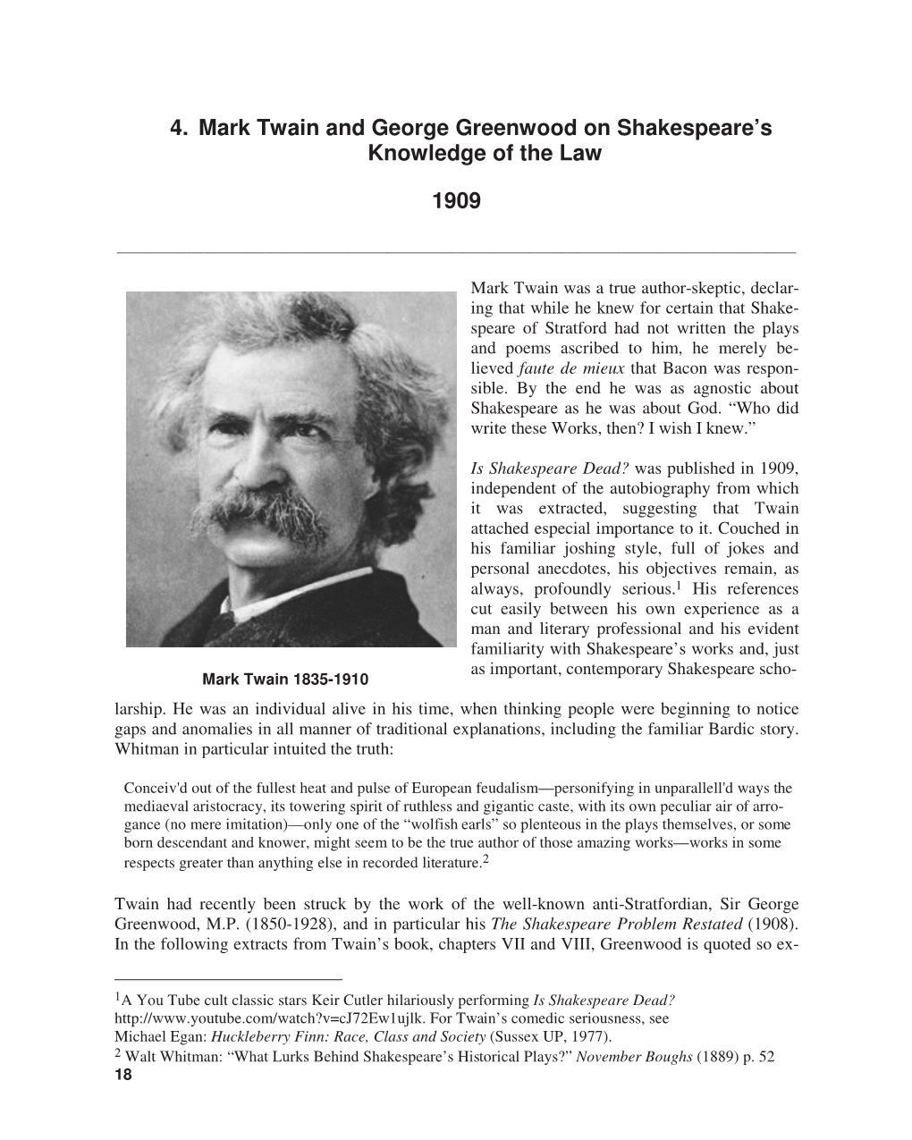 Mark Twain and George Greenwood on Shakespeare’S Knowledge of the Law