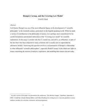 Hempel, Carnap, and the Covering Law Model1 Erich H