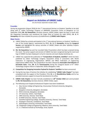 Report on Activities of UNISEC India (For the Period: September-October 2018)