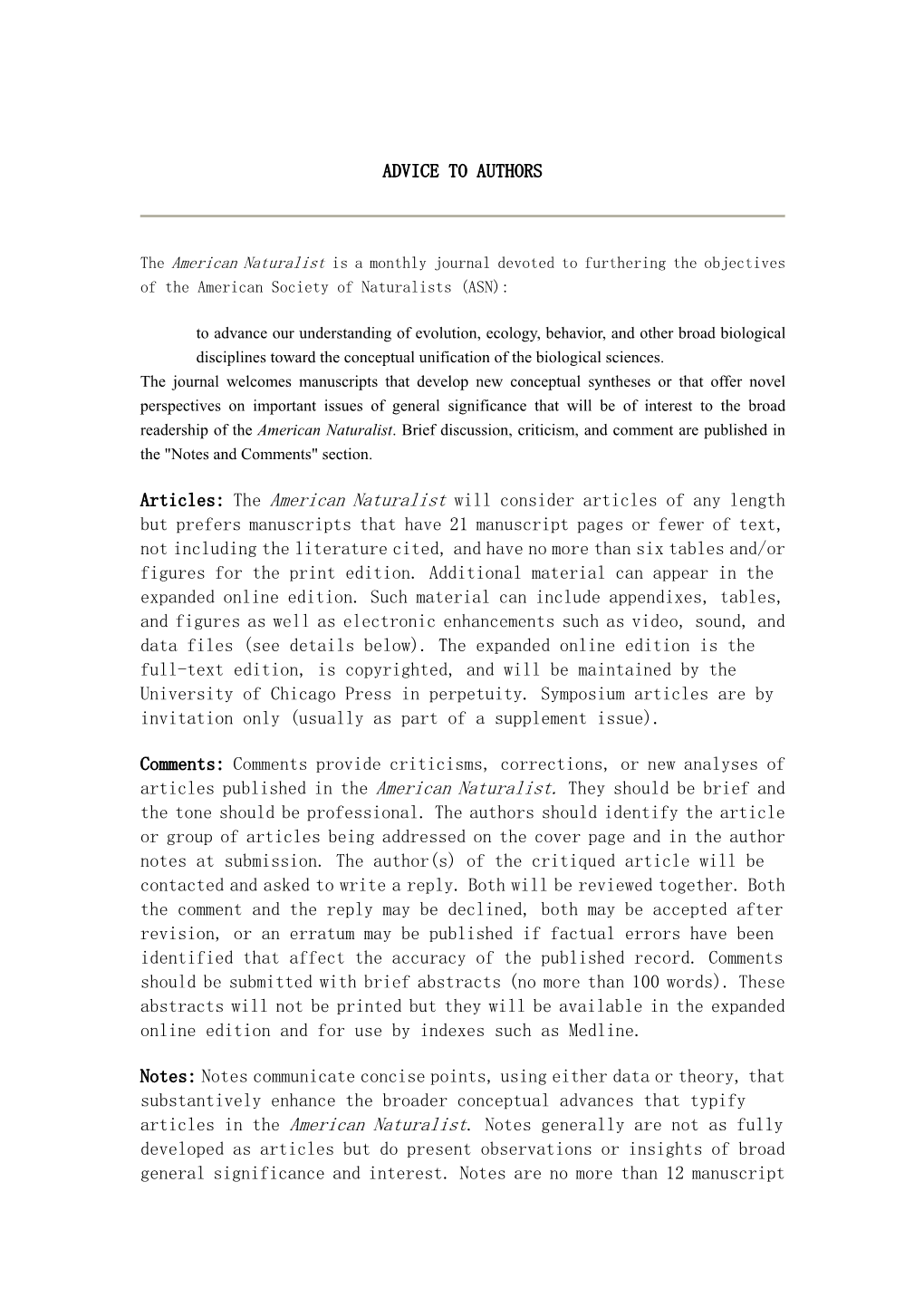 ADVICE to AUTHORS Articles: the American Naturalist Will Consider Articles of Any Length but Prefers Manuscripts That Have 21 Ma