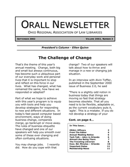 ORALL Newsletter Is the Official Publication of the Ohio Regional Association of Law Libraries
