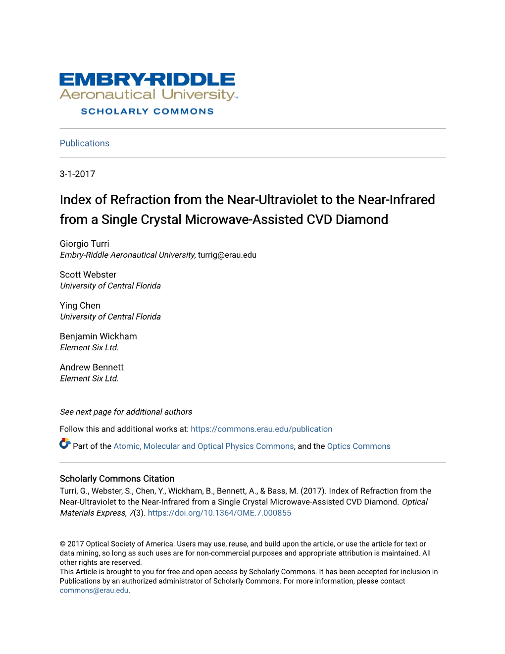 Index of Refraction from the Near-Ultraviolet to the Near-Infrared from a Single Crystal Microwave-Assisted CVD Diamond