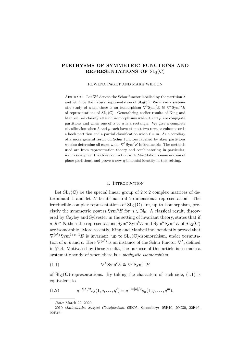 Plethysms of Symmetric Functions and Representations of Sl2(C)