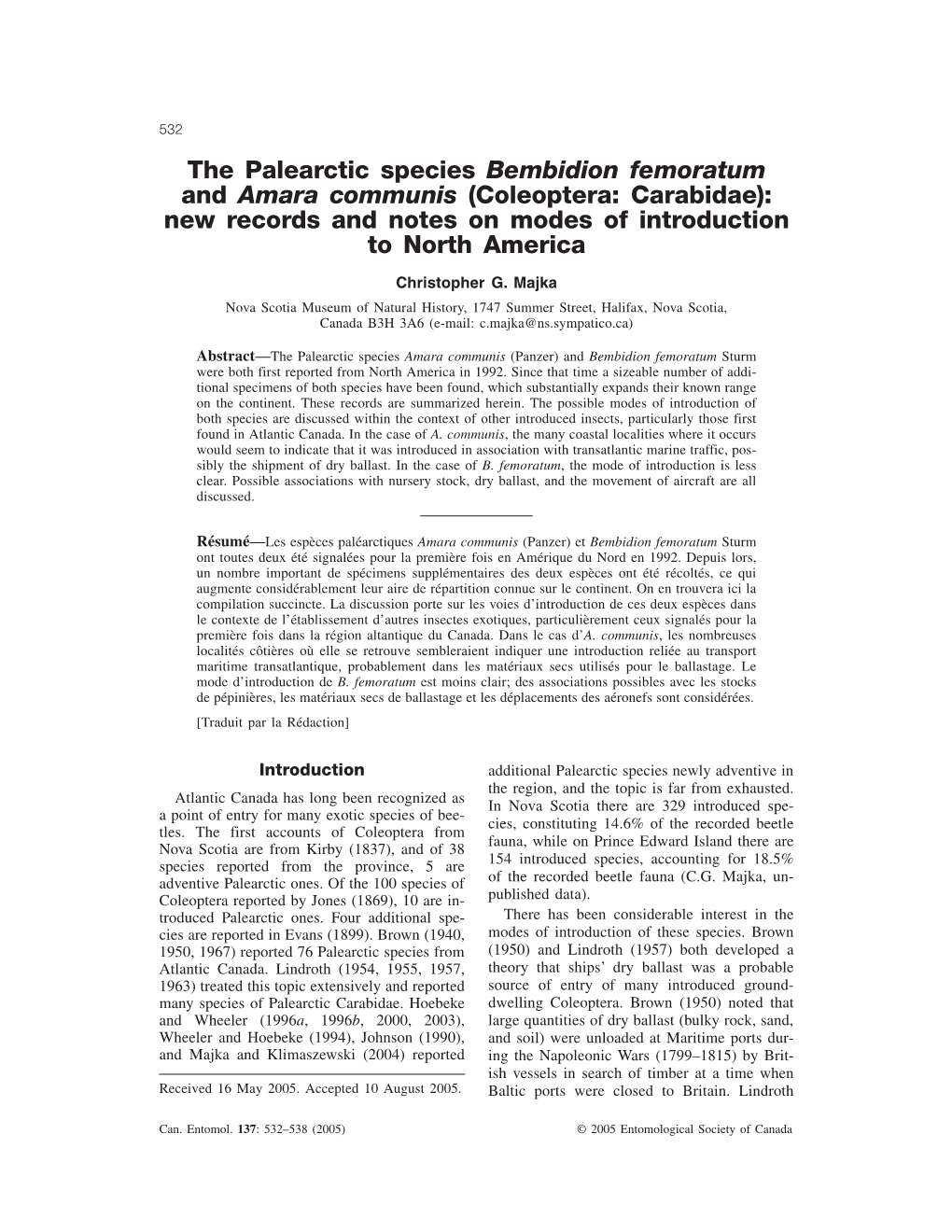 The Palearctic Species Bembidion Femoratum and Amara Communis (Coleoptera: Carabidae): New Records and Notes on Modes of Introduction to North America