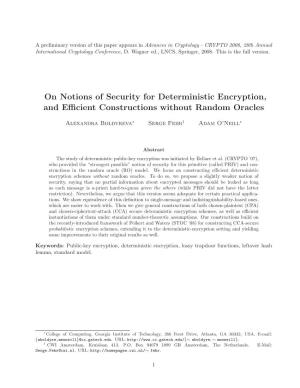 On Notions of Security for Deterministic Encryption, and Eﬃcient Constructions Without Random Oracles