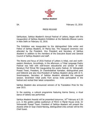 SA. February 15, 2016 PRESS RELEASE Sahityotsav, Sahitya