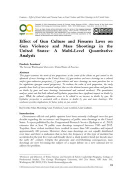 Effect of Gun Culture and Firearm Laws on Gun Violence and Mass Shootings in the United States