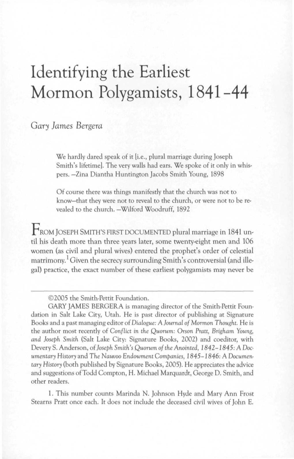 Identifying the Earliest Mormon Polygamists, 1841-44