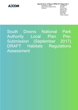 Submission (September 2017) DRAFT Habitats Regulations Assessment AECOM South Downs National Park Authority Page I Agenda Item 12 Report NPA14/17 Appendix 4