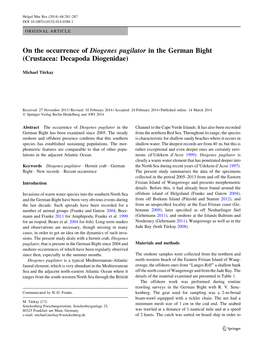 On the Occurrence of Diogenes Pugilator in the German Bight (Crustacea: Decapoda Diogenidae)