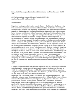 Freud, S. (1937). Analysis Terminable and Interminable. Int. J. Psycho-Anal., 18:373- 405