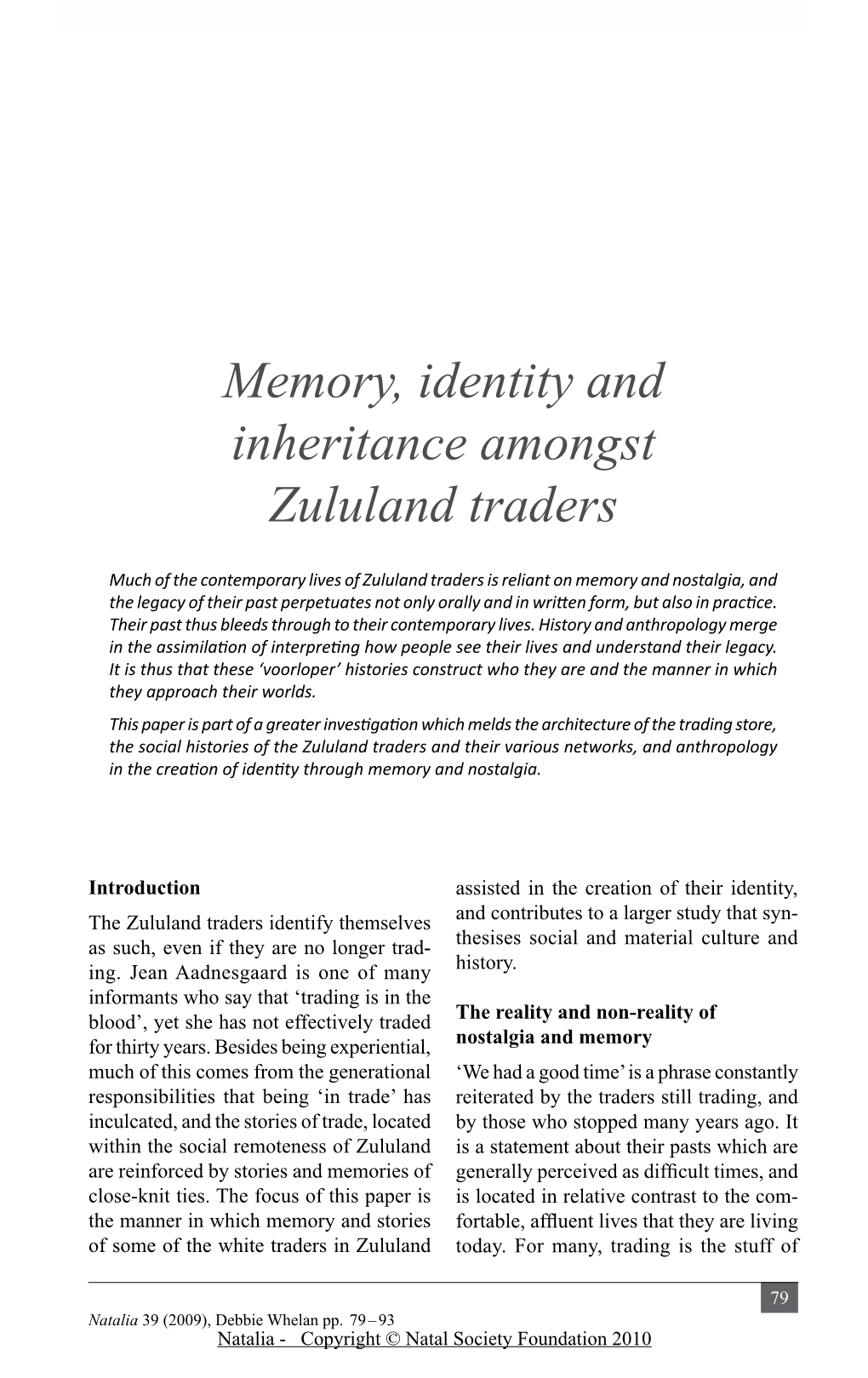 Memory, Identity and Inheritance Amongst Zululand Traders