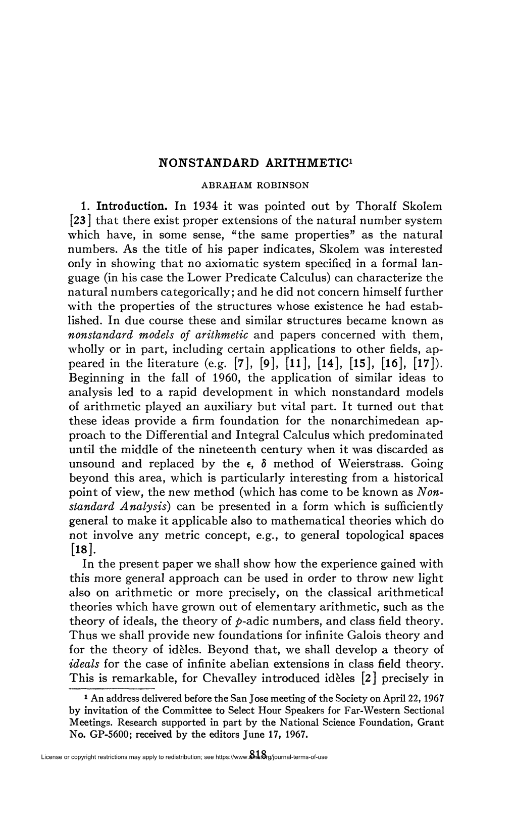 NONSTANDARD ARITHMETIC1 1. Introduction. in 1934 It Was Pointed