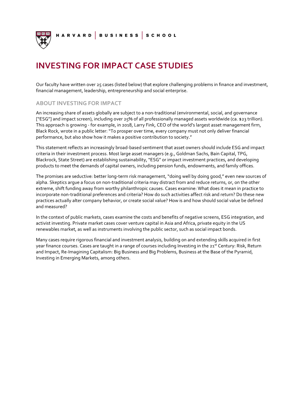 Investing for Impact Case Studies