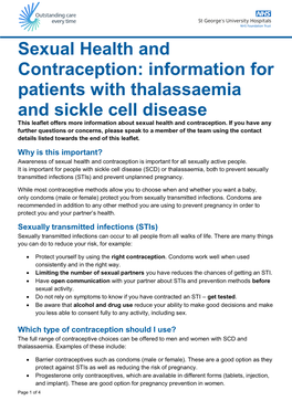 Information for Patients with Thalassaemia and Sickle Cell Disease This Leaflet Offers More Information About Sexual Health and Contraception