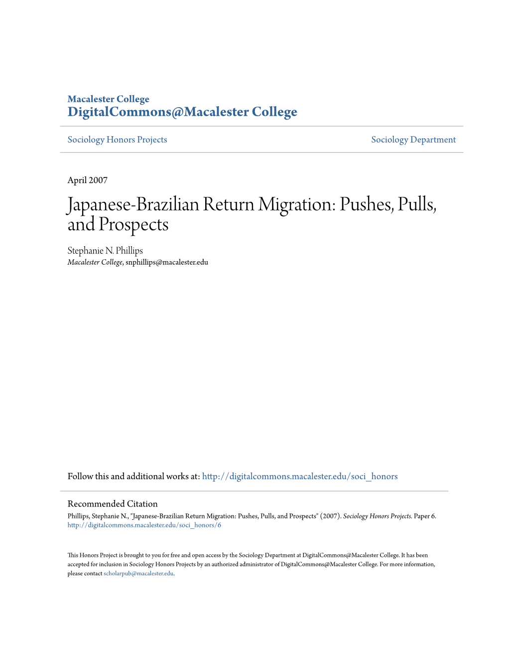 Japanese-Brazilian Return Migration: Pushes, Pulls, and Prospects Stephanie N