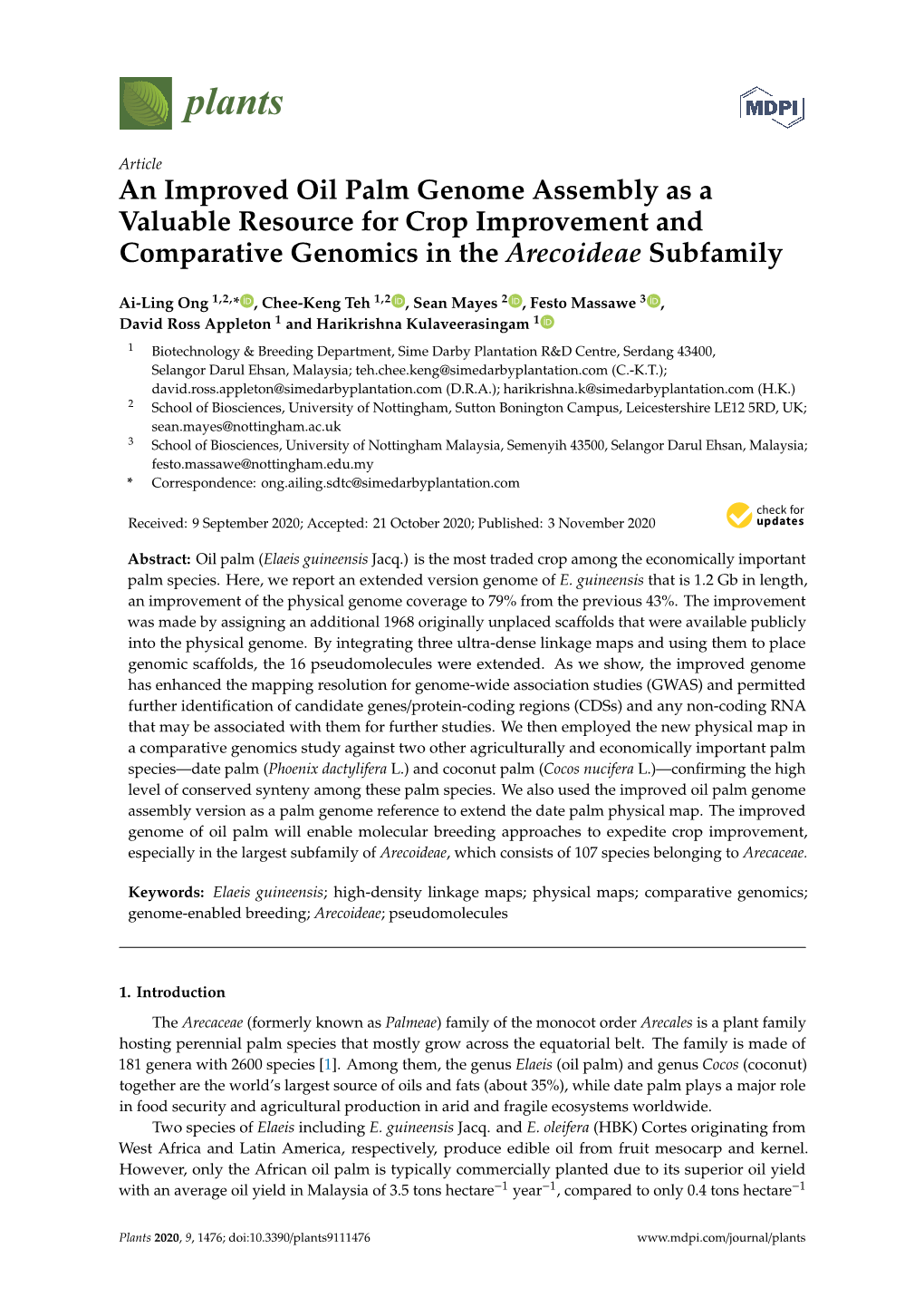 An Improved Oil Palm Genome Assembly As a Valuable Resource for Crop Improvement and Comparative Genomics in the Arecoideae Subfamily