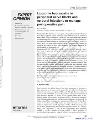 Liposome Bupivacaine in Peripheral Nerve Blocks and Epidural Injections to Manage 1