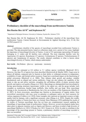 Preliminary Checklist of the Macrofungi from Northwestern Tunisia