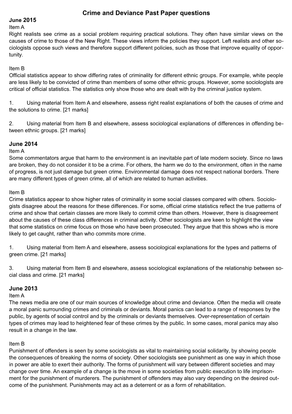 Crime and Deviance Past Paper Questions