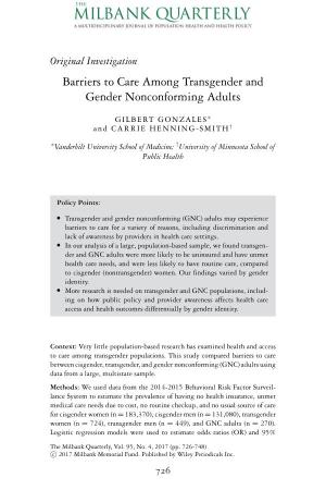 Barriers to Care Among Transgender and Gender Nonconforming Adults