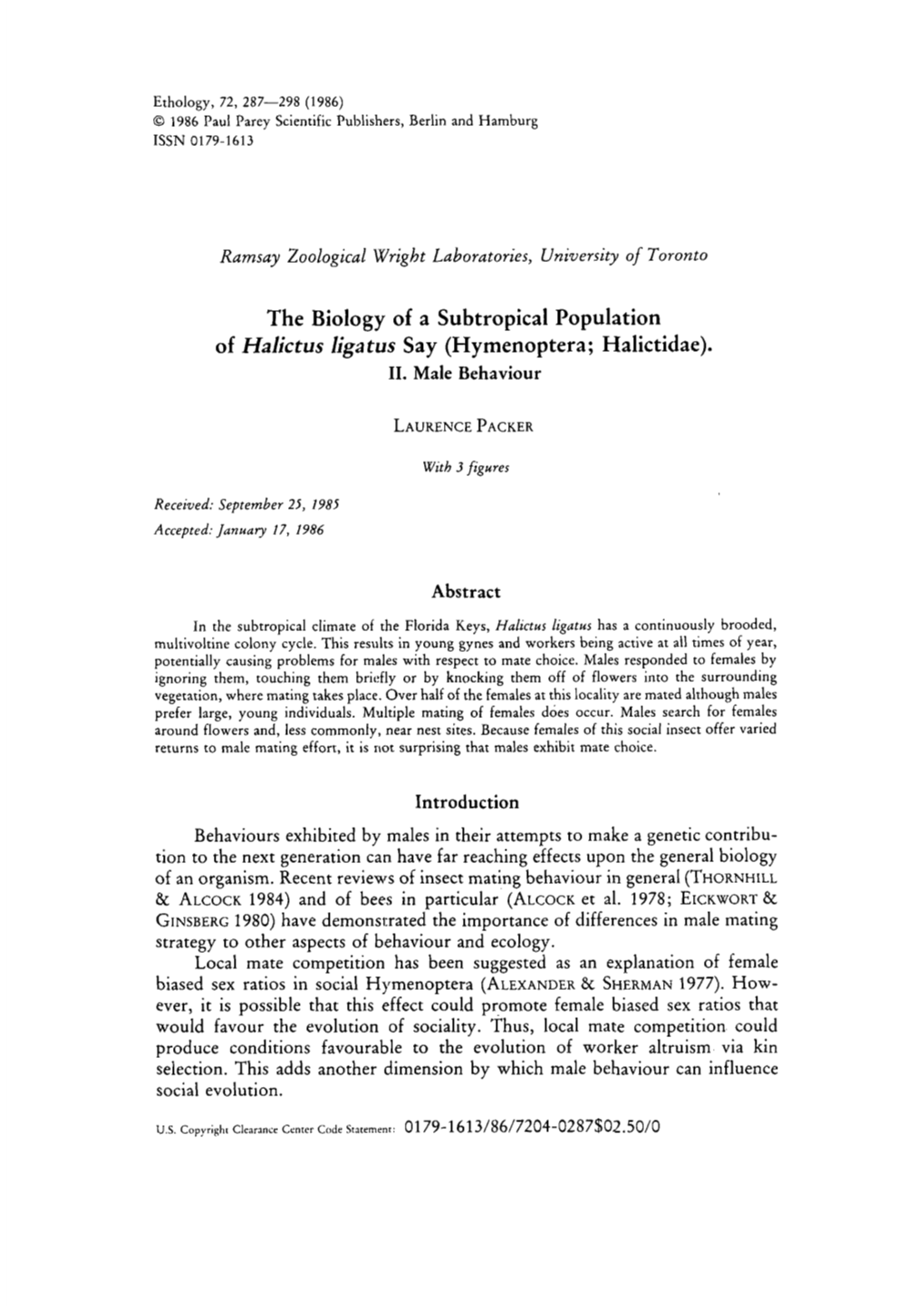 The Biology of a Subtropical Population of Halictus Ligatus Say (Hymenoptera; Halictidae)