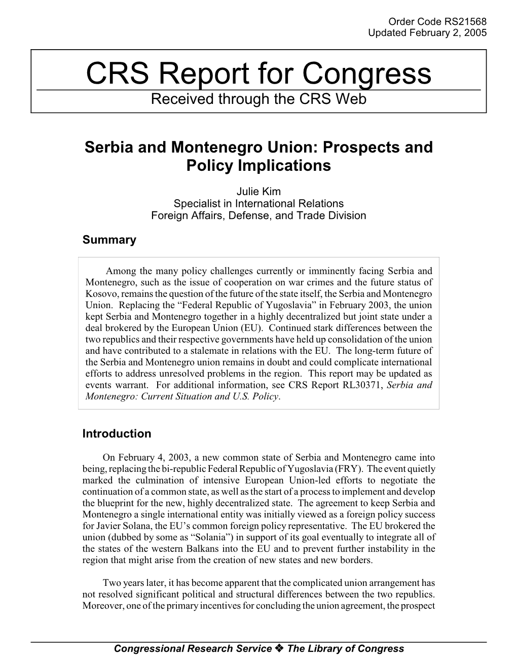 CRS Report for Congress Received Through the CRS Web