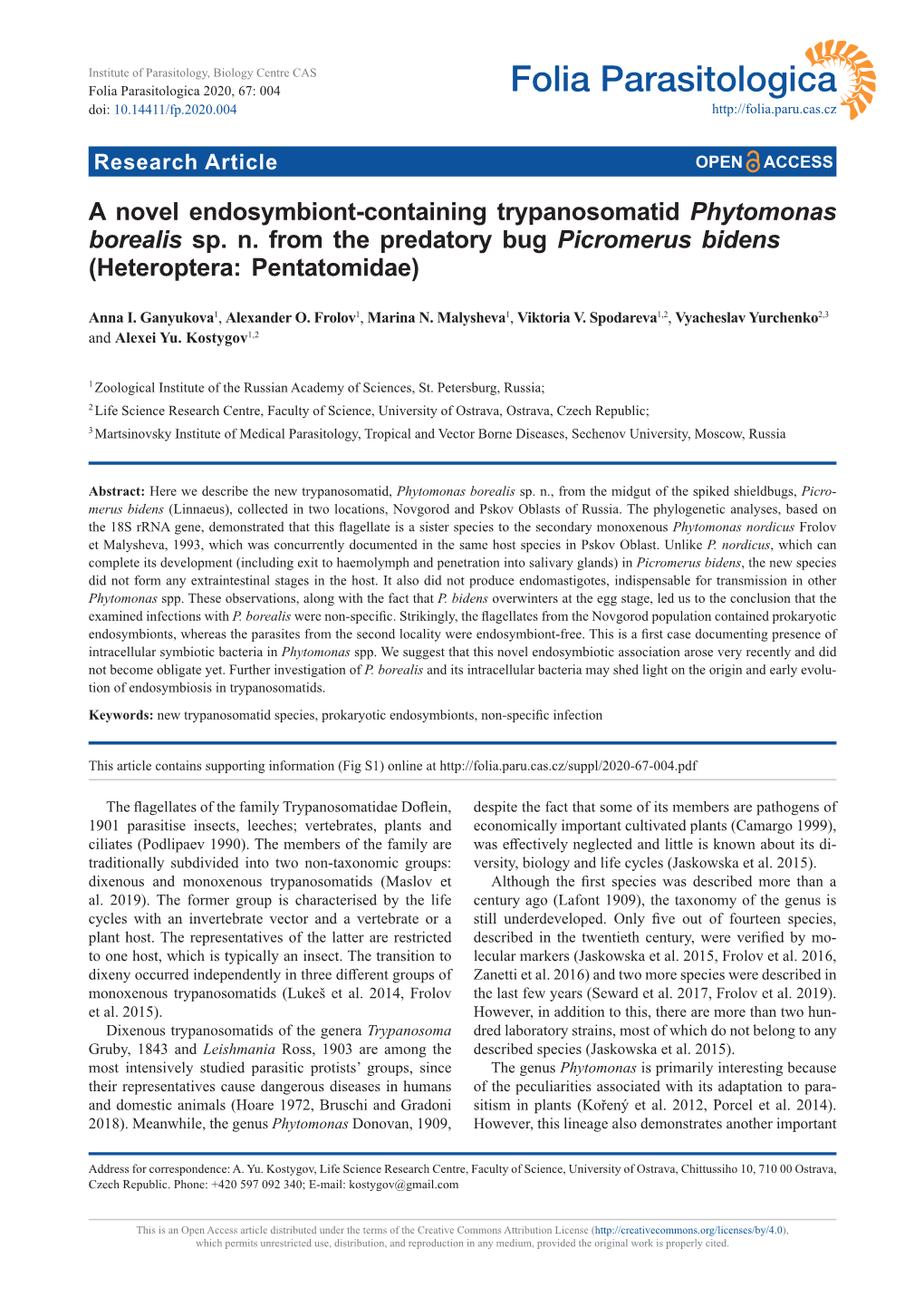 A Novel Endosymbiont-Containing Trypanosomatid Phytomonas Borealis Sp