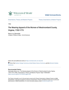 The Wearing Apparel of the Women of Westmoreland County, Virginia, 1700-1775