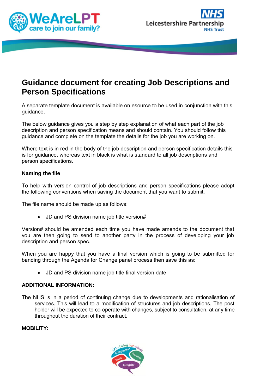 Guidance Document for Creating Job Descriptions and Person Specifications