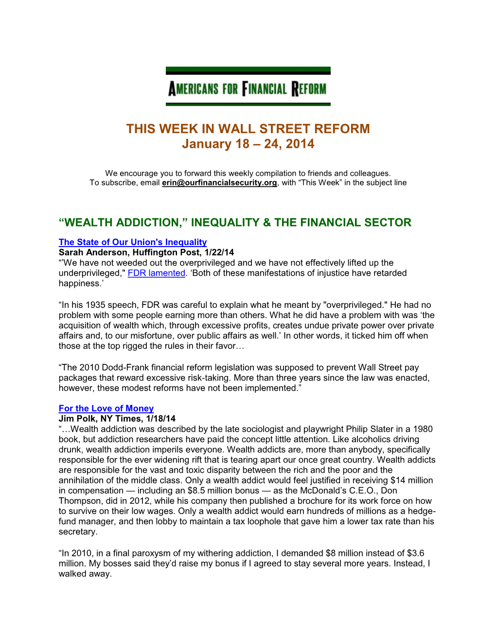 THIS WEEK in WALL STREET REFORM January 18 – 24, 2014