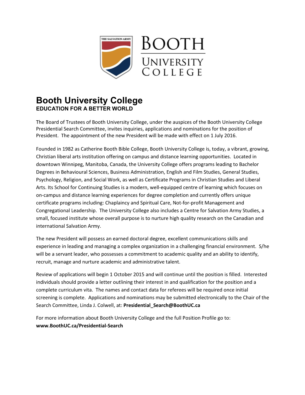 Booth University College EDUCATION for a BETTER WORLD