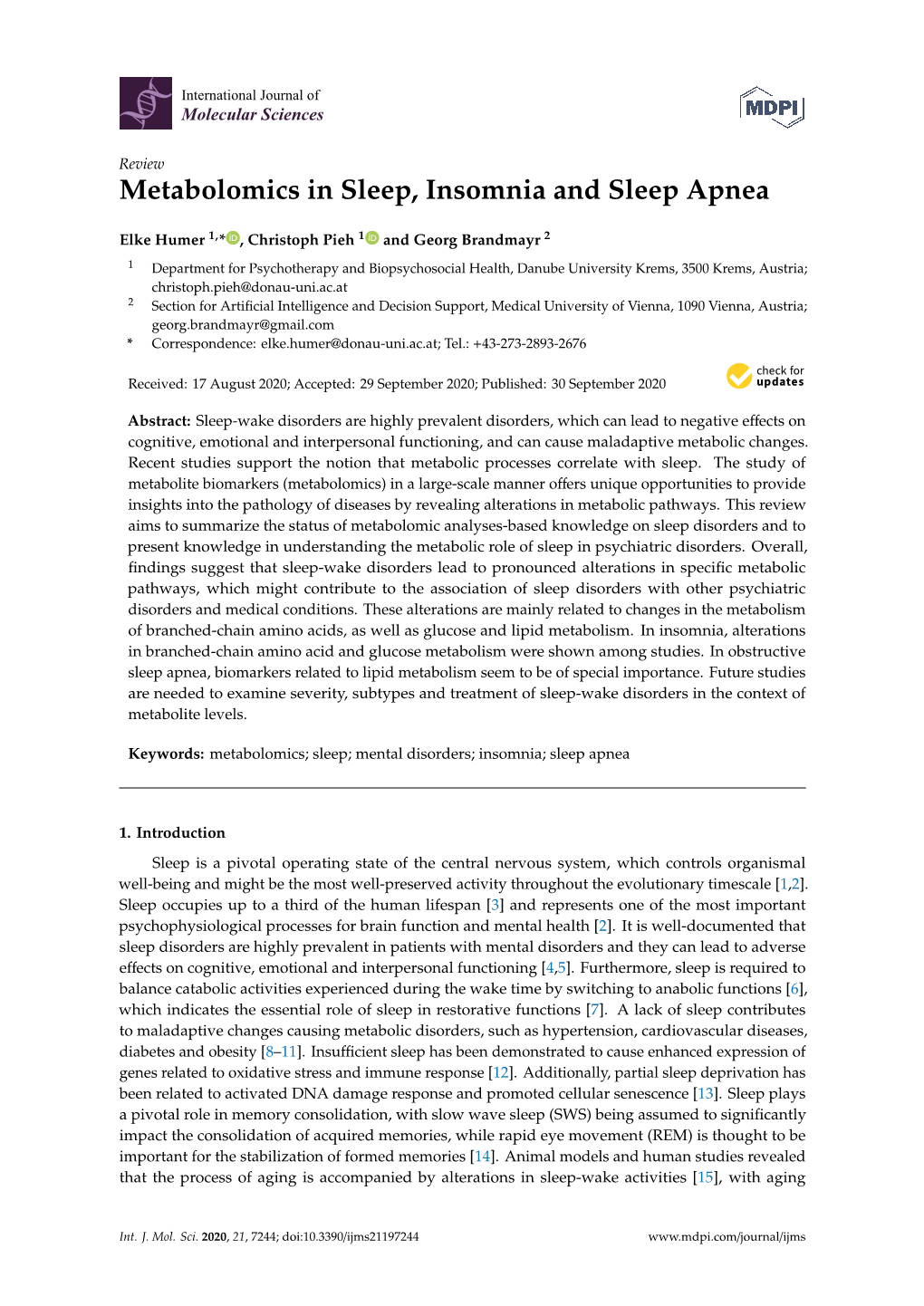 Metabolomics in Sleep, Insomnia and Sleep Apnea